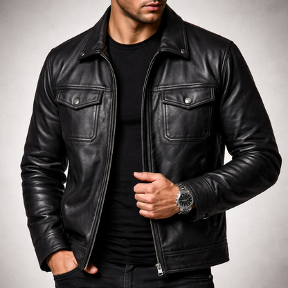 Men's Vintage Faux Leather Jacket with Four Pockets and Zip Front