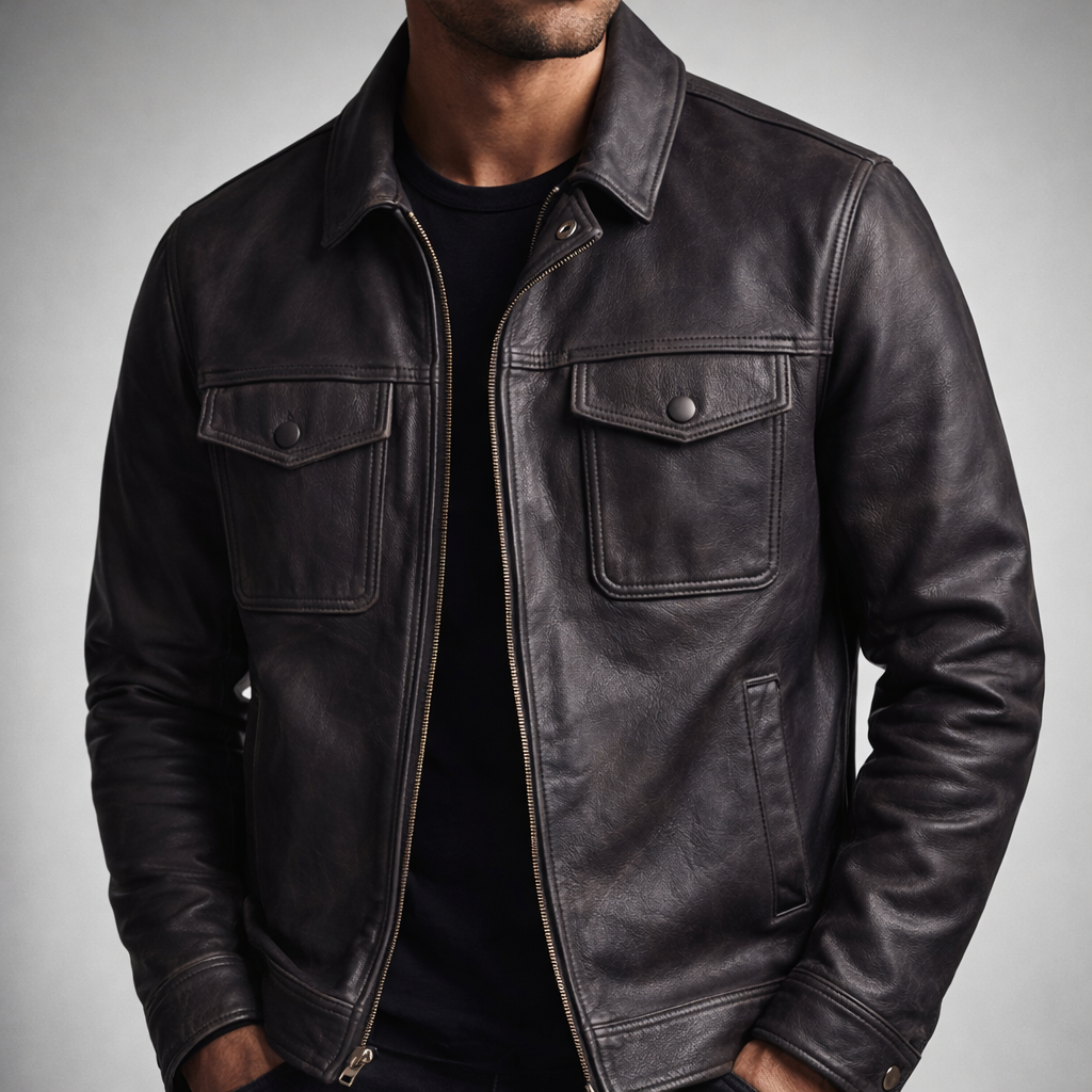 Men's Vintage Faux Leather Jacket with Four Pockets and Zip Front