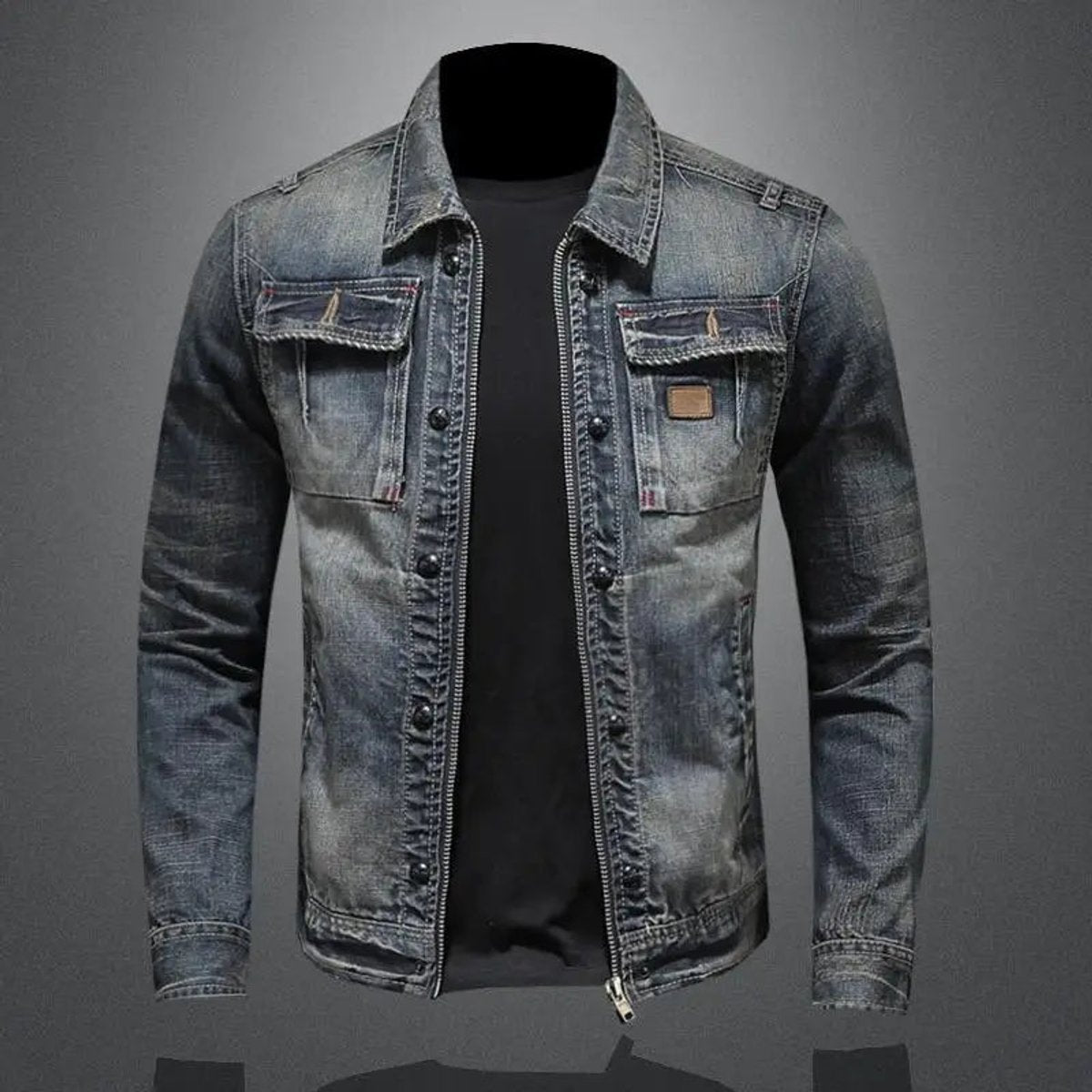 Men's Vintage Washed Denim Jacket with Zip and Button Closure