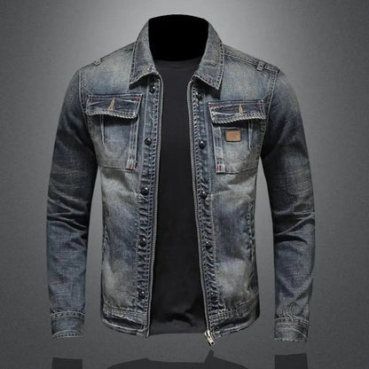 Men's Vintage Washed Denim Jacket with Zip and Button Closure