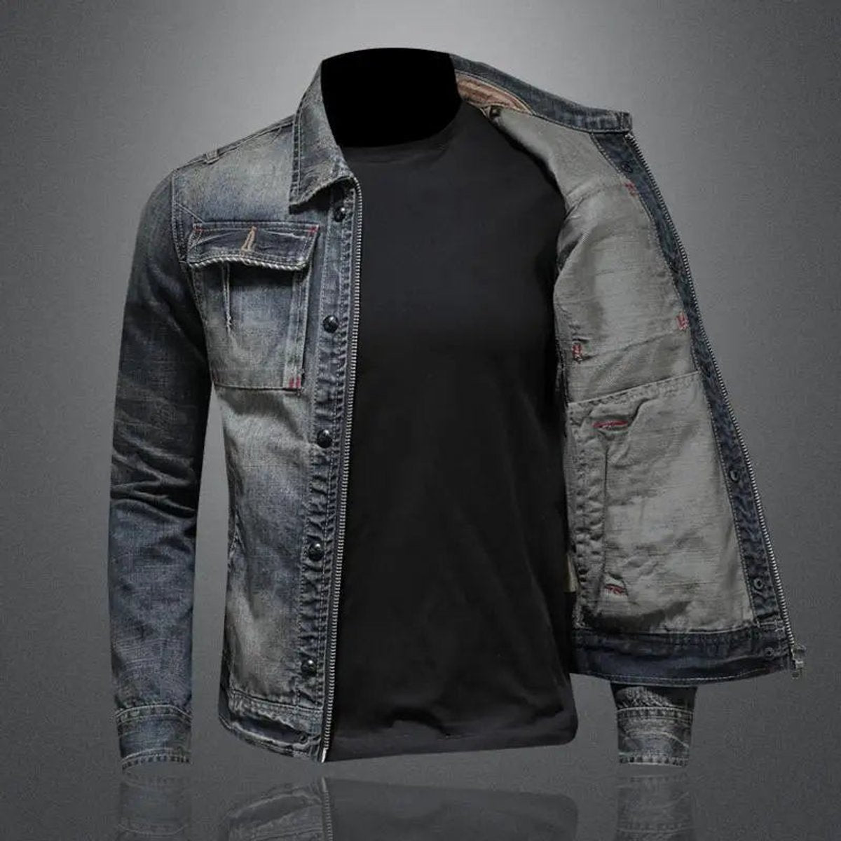 Men's Vintage Washed Denim Jacket with Zip and Button Closure