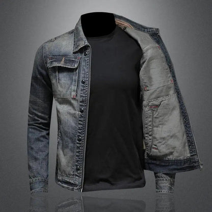 Men's Vintage Washed Denim Jacket with Zip and Button Closure