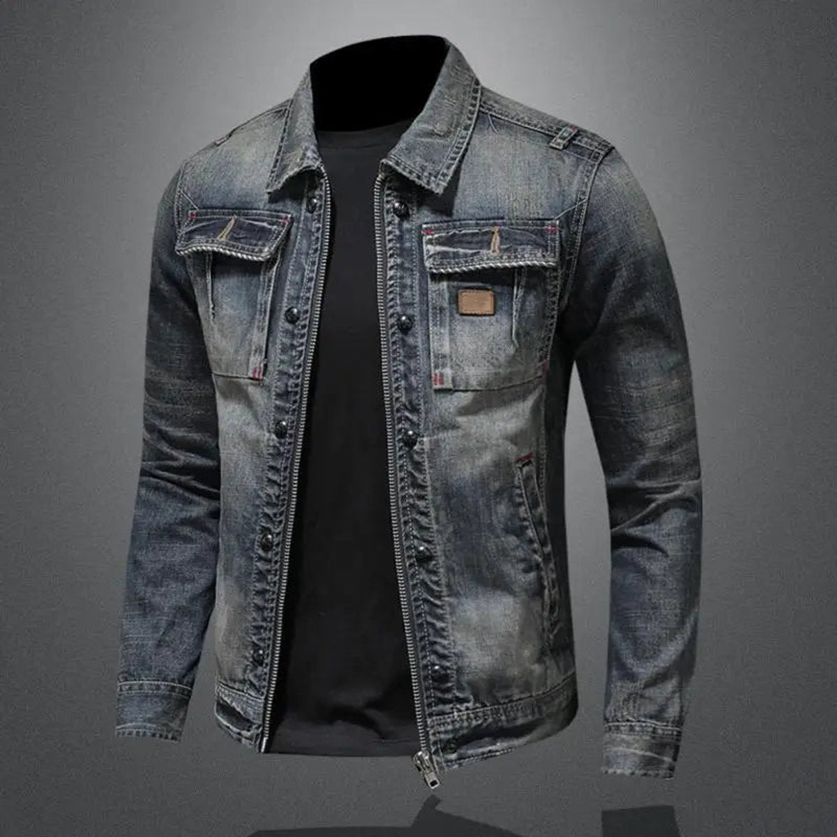 Men's Vintage Washed Denim Jacket with Zip and Button Closure