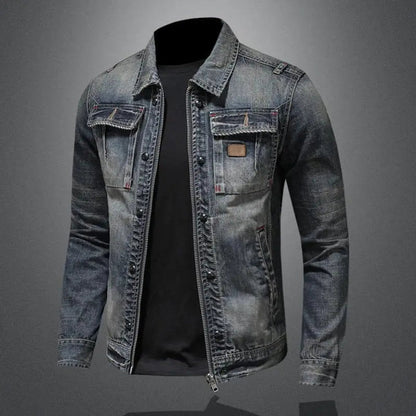 Men's Vintage Washed Denim Jacket with Zip and Button Closure