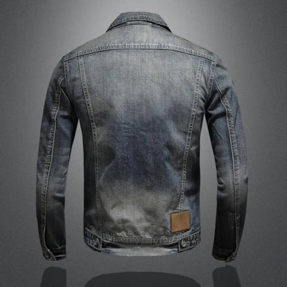Men's Vintage Washed Denim Jacket with Zip and Button Closure