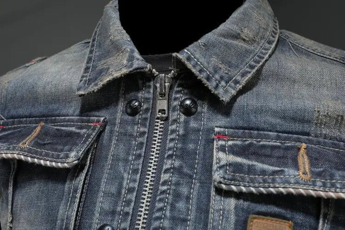 Men's Vintage Washed Denim Jacket with Zip and Button Closure