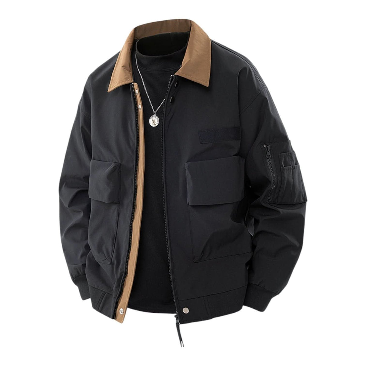 Men's Water-Repellent Bomber Jacket with Contrast Collar and Chest Flap Pockets