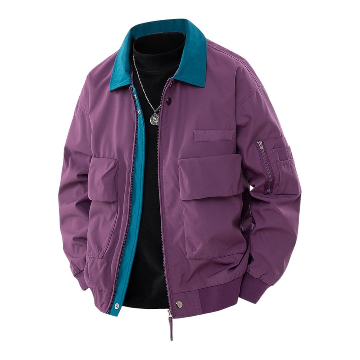 Men's Water-Repellent Bomber Jacket with Contrast Collar and Chest Flap Pockets