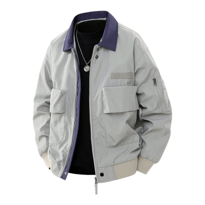 Men's Water-Repellent Bomber Jacket with Contrast Collar and Chest Flap Pockets
