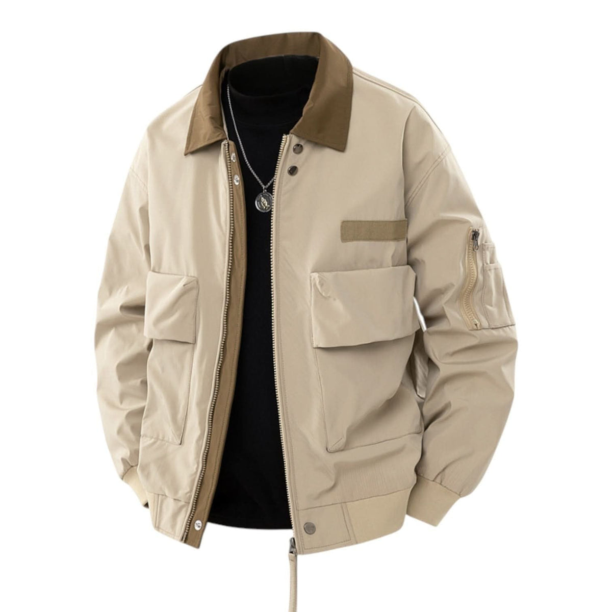 Men's Water-Repellent Bomber Jacket with Contrast Collar and Chest Flap Pockets