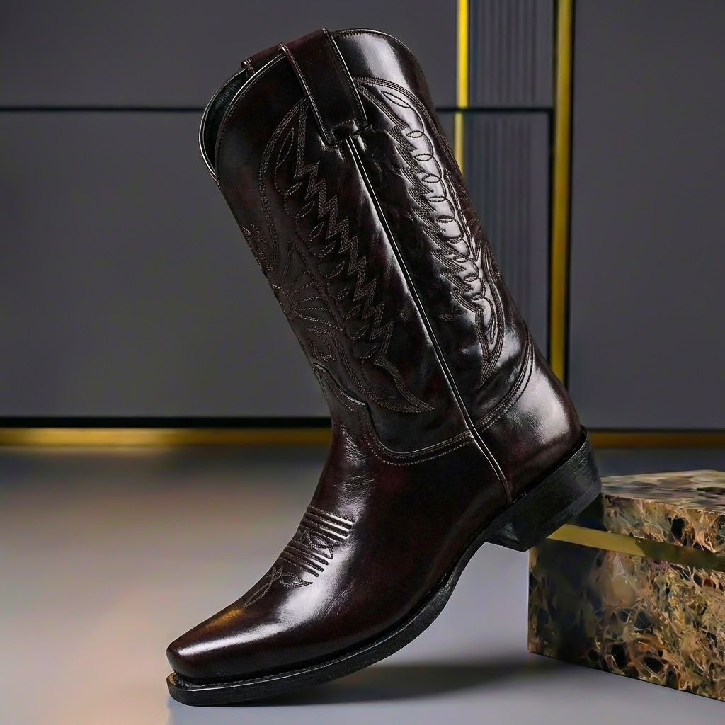 Men's Western Cowboy Boots with Embroidered Shaft and Snip Toe