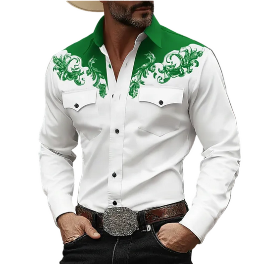 Men's Western Shirt Long Sleeve with Floral Embroidery and Button Front