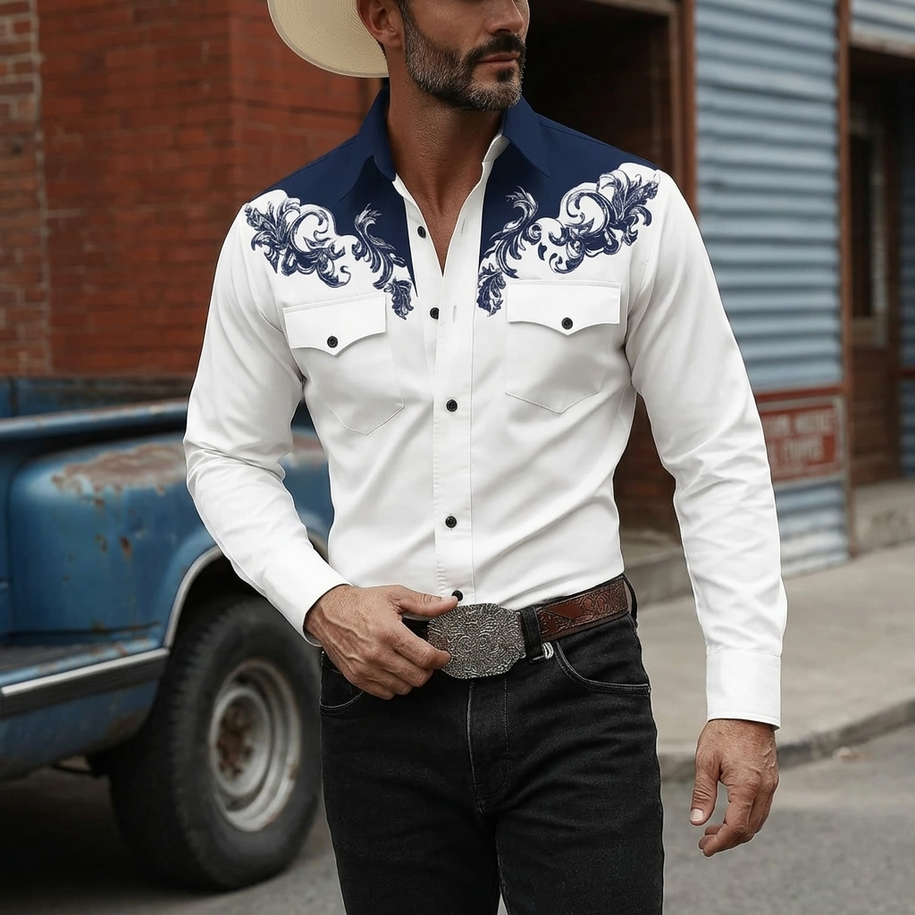 Men's Western Shirt Long Sleeve with Floral Embroidery and Button Front