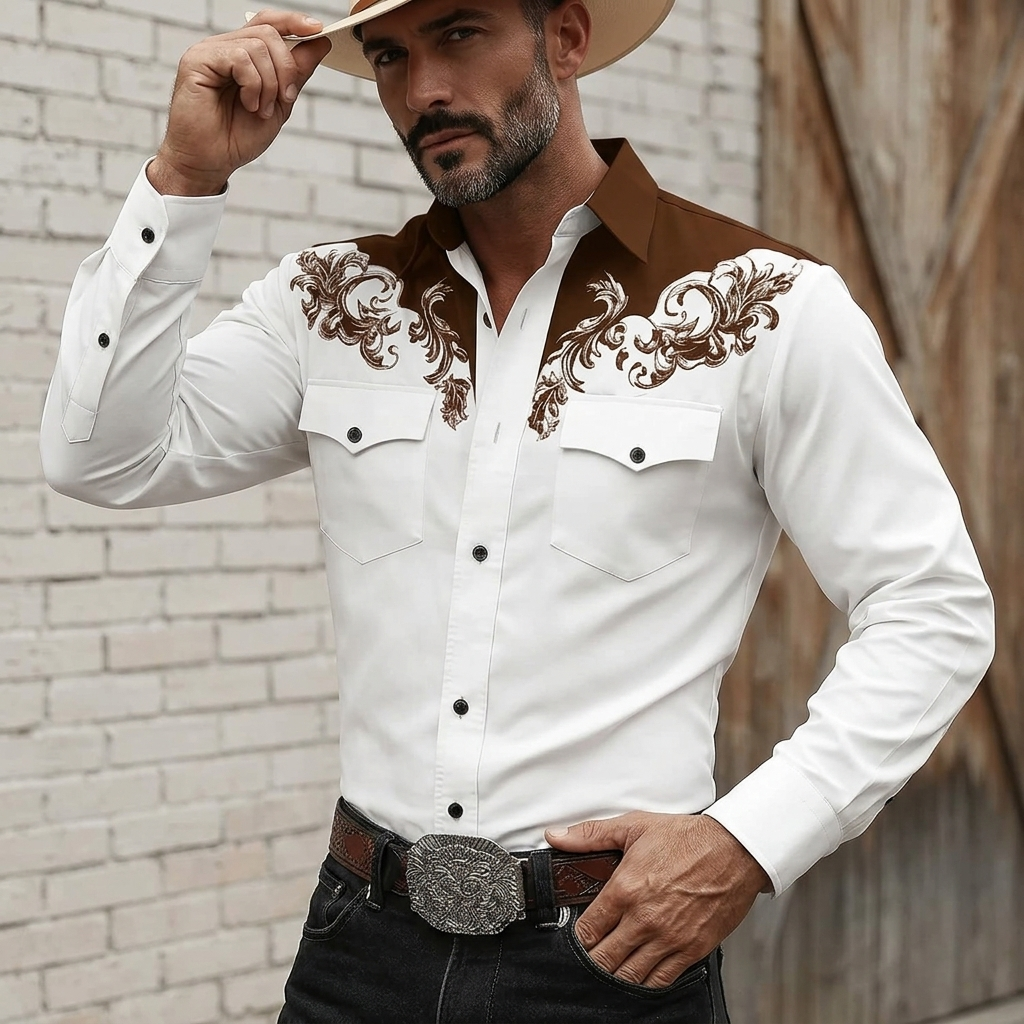 Men's Western Shirt Long Sleeve with Floral Embroidery and Button Front