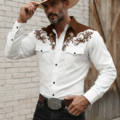 Men's Western Shirt Long Sleeve with Floral Embroidery and Button Front