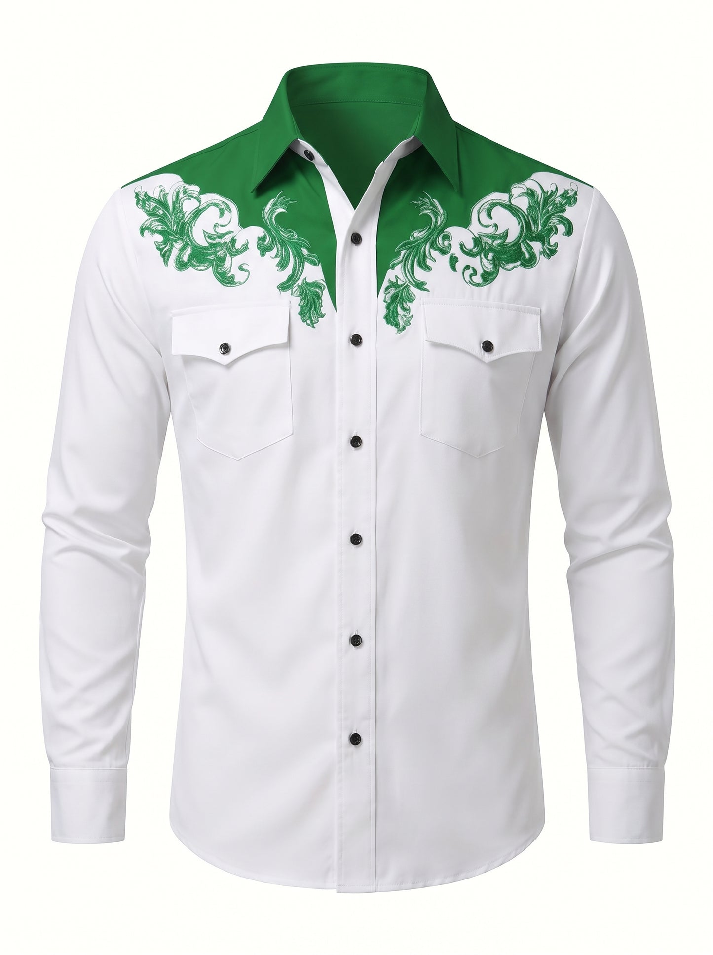 Men's Western Shirt Long Sleeve with Floral Embroidery and Button Front