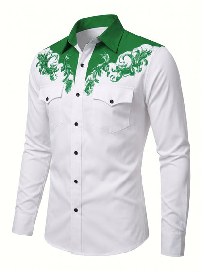 Men's Western Shirt Long Sleeve with Floral Embroidery and Button Front