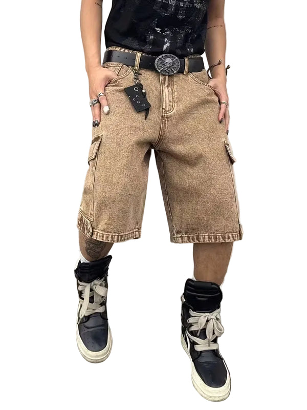 Men's Wide-Leg Cargo Shorts with Acid-Wash Finish