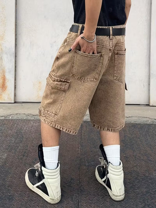 Men's Wide-Leg Cargo Shorts with Acid-Wash Finish