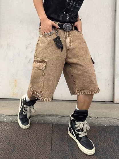 Men's Wide-Leg Cargo Shorts with Acid-Wash Finish