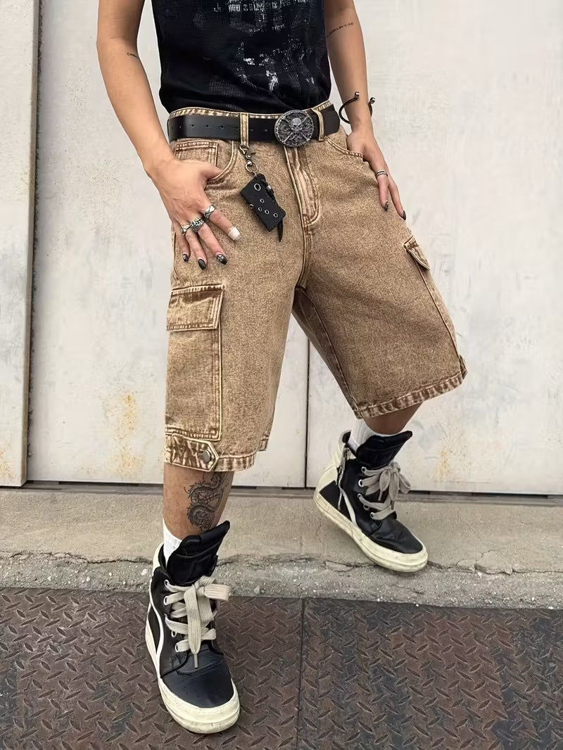 Men's Wide-Leg Cargo Shorts with Acid-Wash Finish