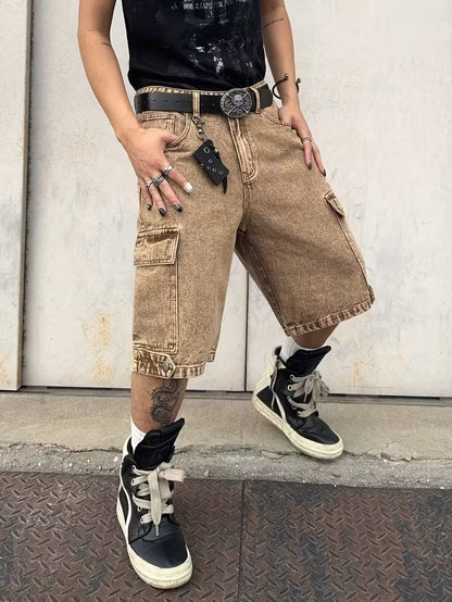 Men's Wide-Leg Cargo Shorts with Acid-Wash Finish