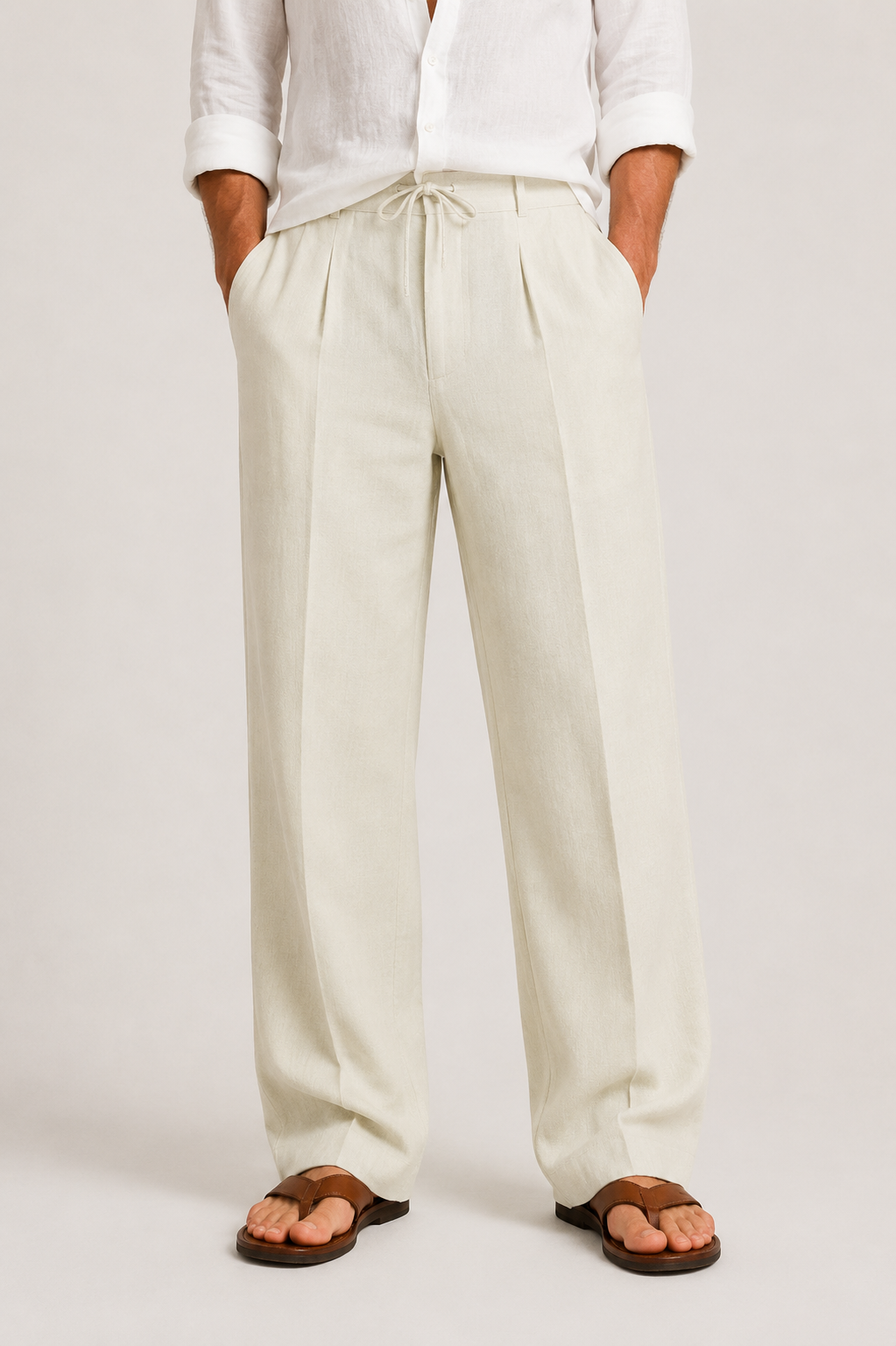 Men's Wide-Leg Trousers with Drawstring Waist and Front Pleats