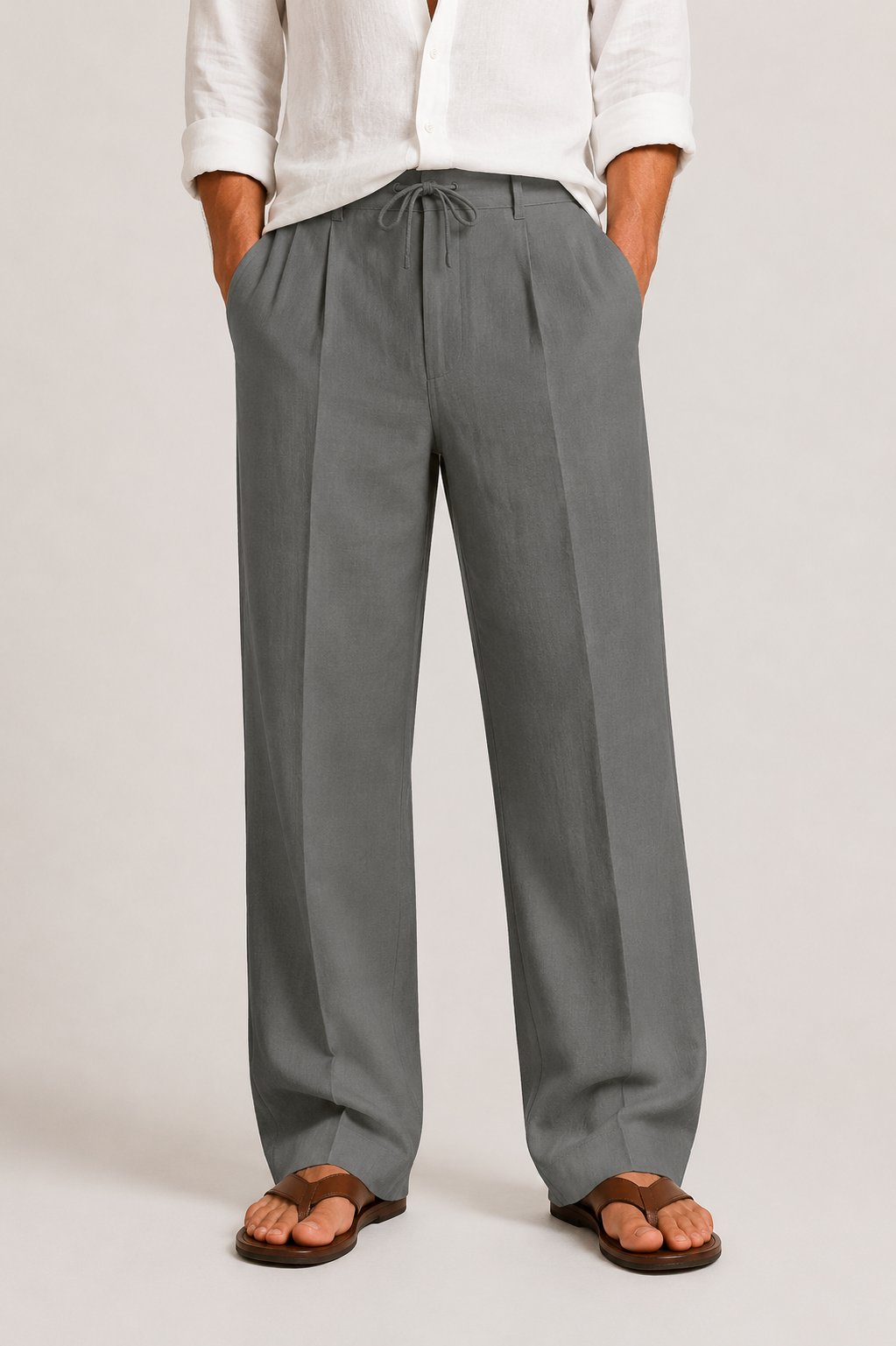 Men's Wide-Leg Trousers with Drawstring Waist and Front Pleats