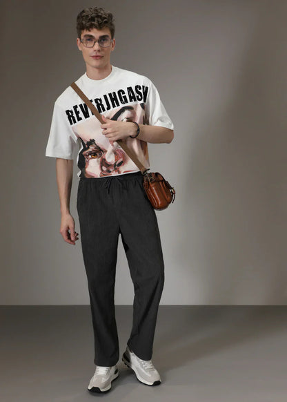 Men's Wide Leg Trousers with Elastic Drawstring Waist and Ribbed Texture