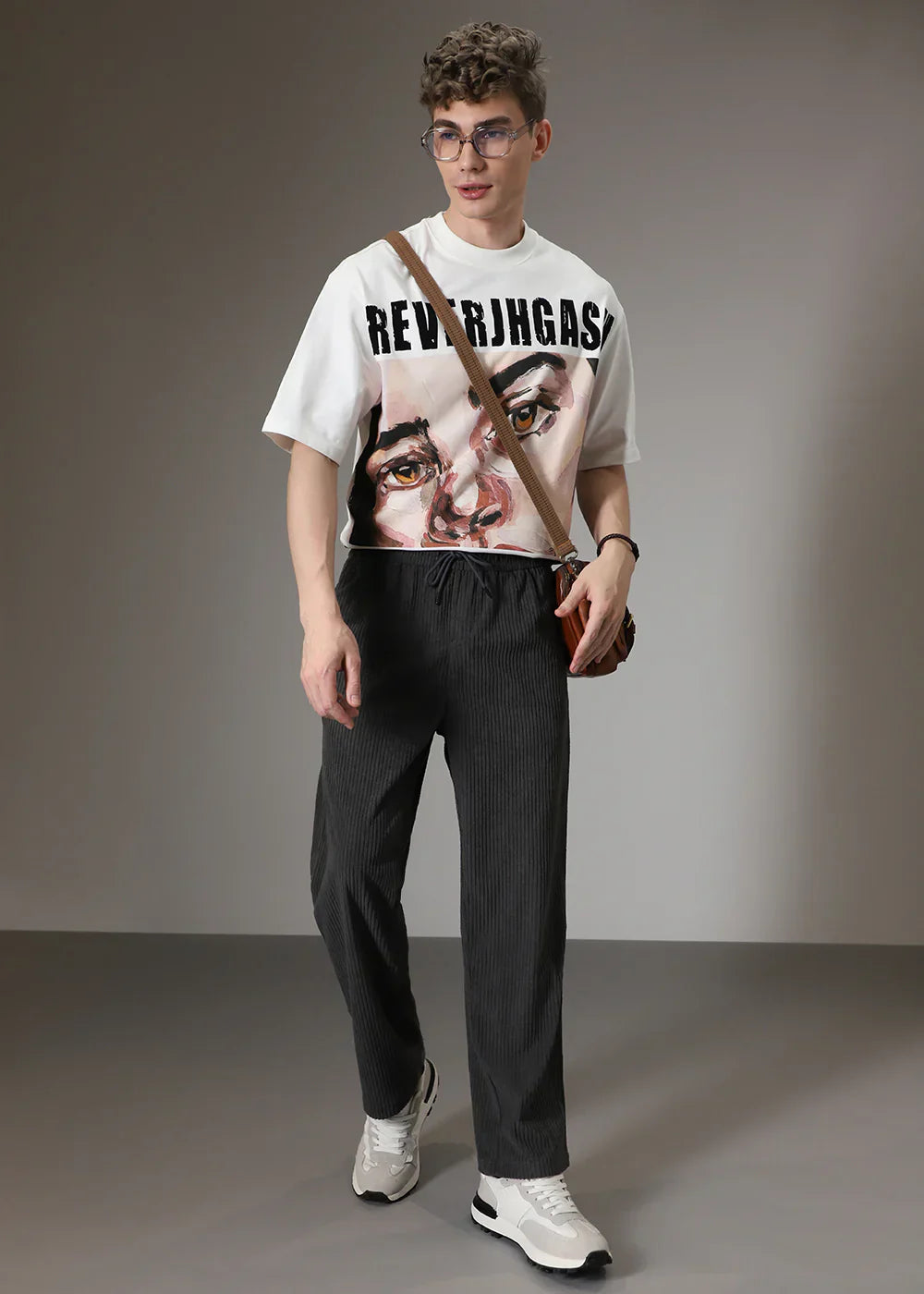 Men's Wide Leg Trousers with Elastic Drawstring Waist and Ribbed Texture