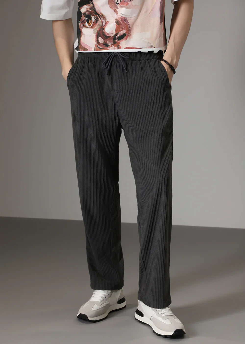 Men's Wide Leg Trousers with Elastic Drawstring Waist and Ribbed Texture