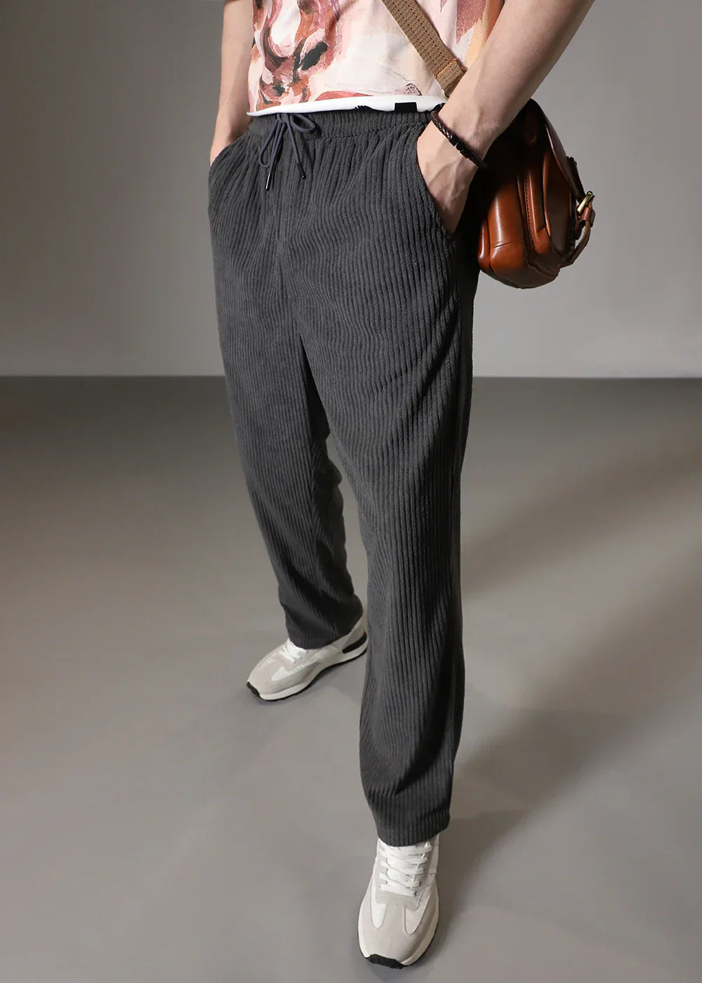Men's Wide Leg Trousers with Elastic Drawstring Waist and Ribbed Texture