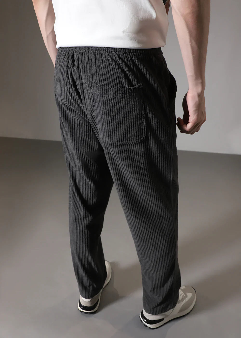 Men's Wide Leg Trousers with Elastic Drawstring Waist and Ribbed Texture