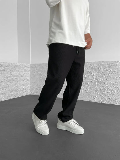 Men's Wide Leg Trousers with Elastic Drawstring Waist and Ribbed Texture