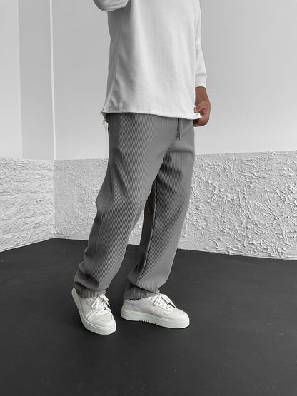 Men's Wide Leg Trousers with Elastic Drawstring Waist and Ribbed Texture