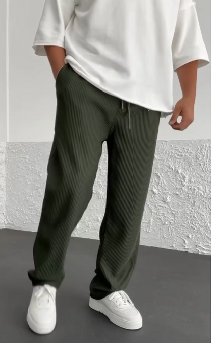 Men's Wide Leg Trousers with Elastic Drawstring Waist and Ribbed Texture