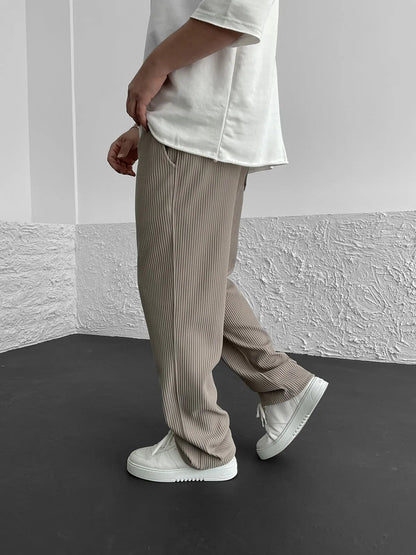 Men's Wide Leg Trousers with Elastic Drawstring Waist and Ribbed Texture