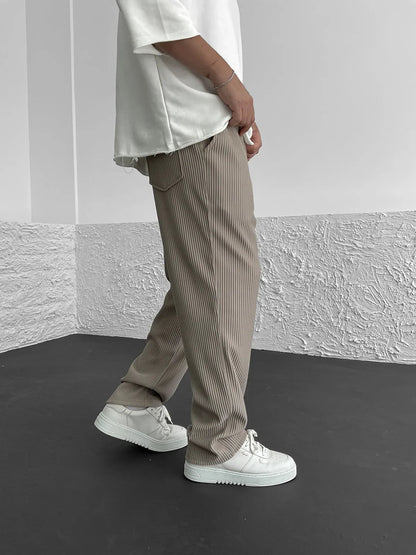 Men's Wide Leg Trousers with Elastic Drawstring Waist and Ribbed Texture