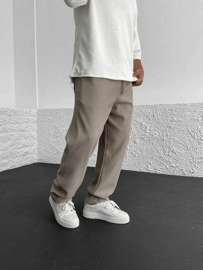 Men's Wide Leg Trousers with Elastic Drawstring Waist and Ribbed Texture