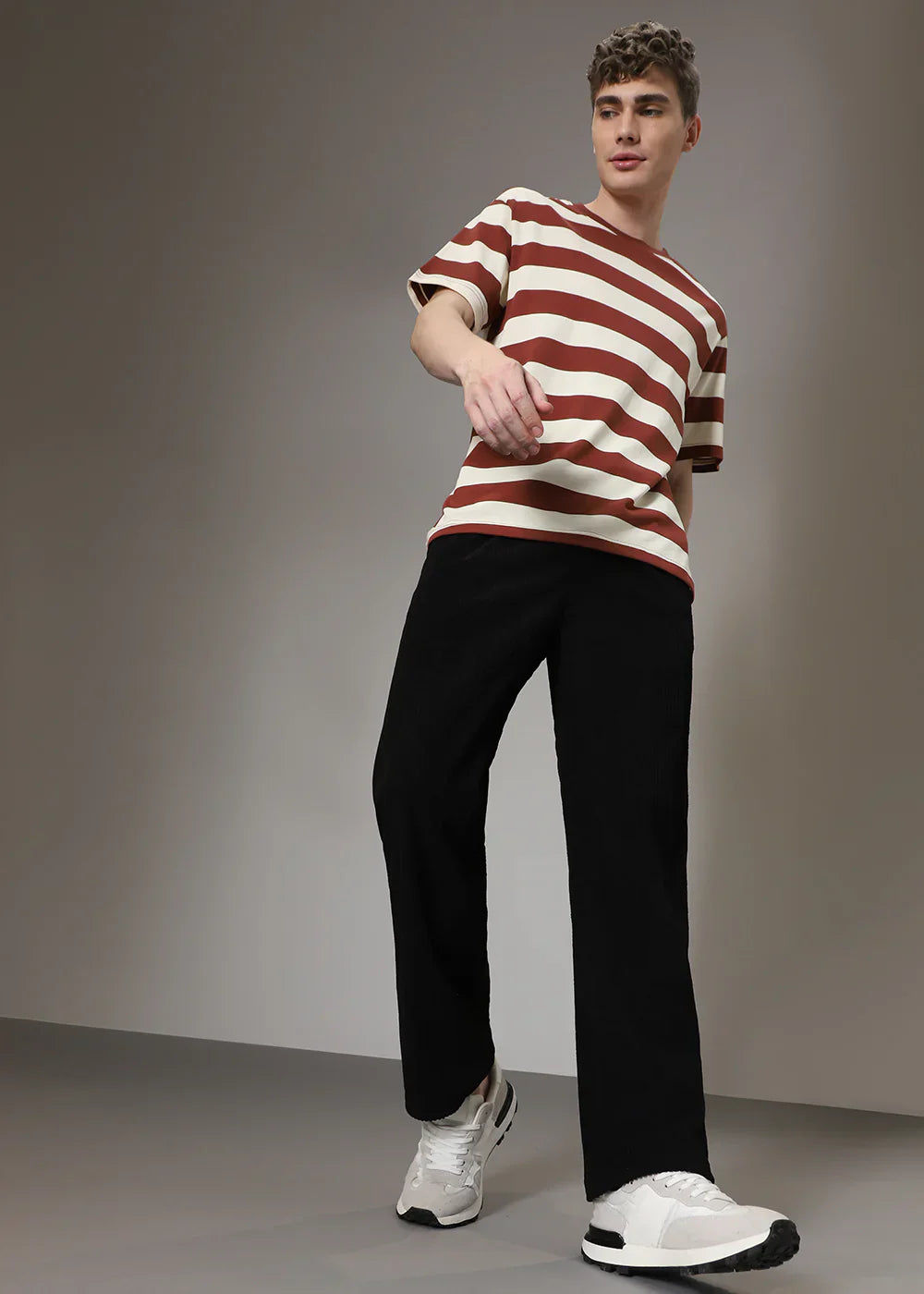 Men's Wide Leg Trousers with Elastic Drawstring Waist and Ribbed Texture