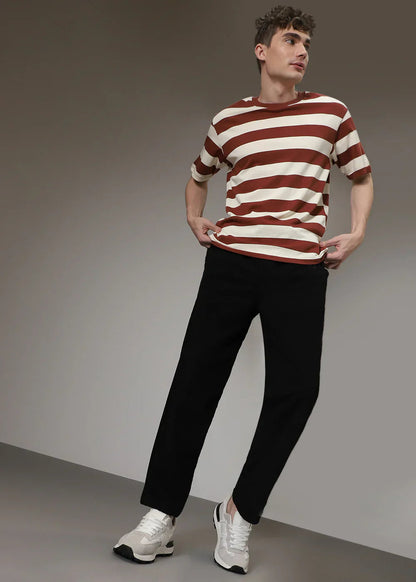 Men's Wide Leg Trousers with Elastic Drawstring Waist and Ribbed Texture