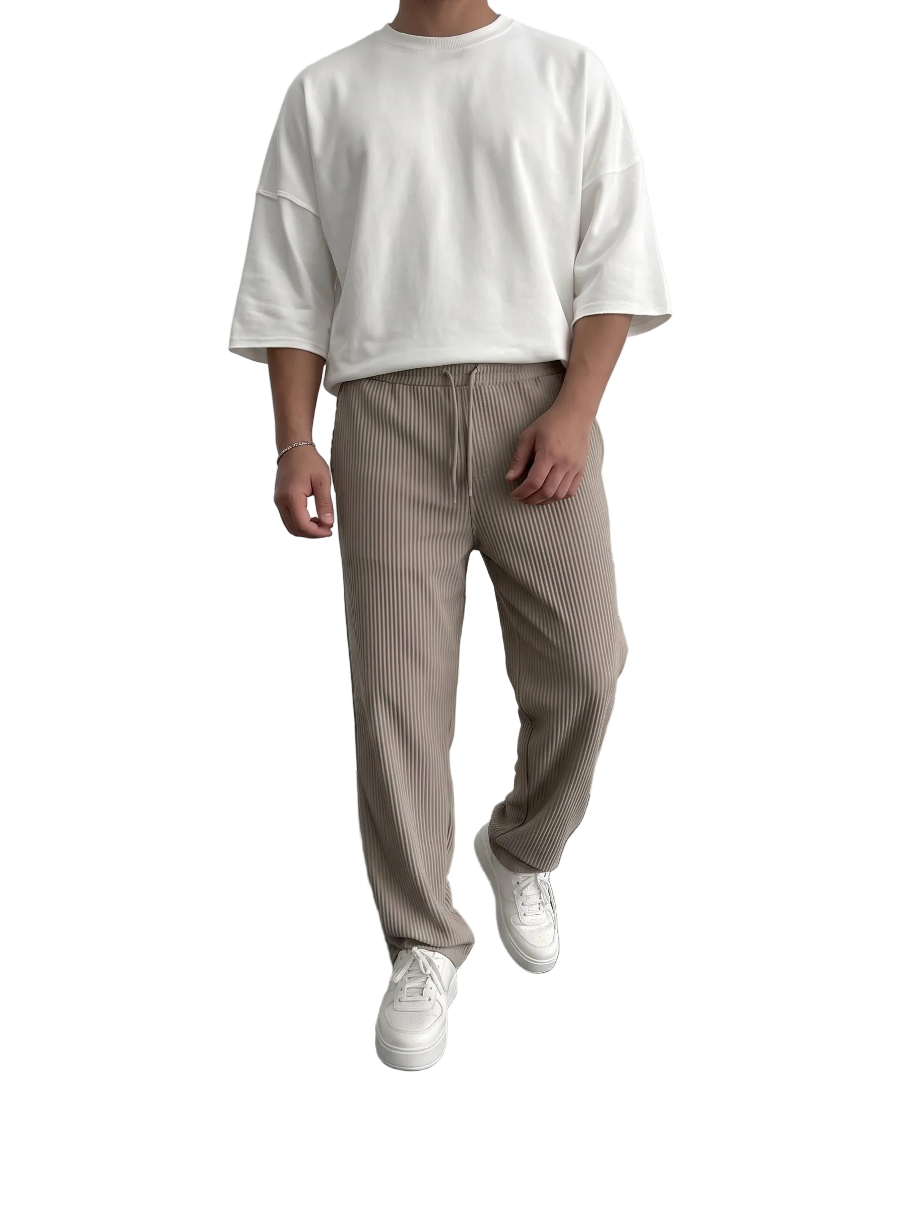 Men's Wide Leg Trousers with Elastic Drawstring Waist and Ribbed Texture