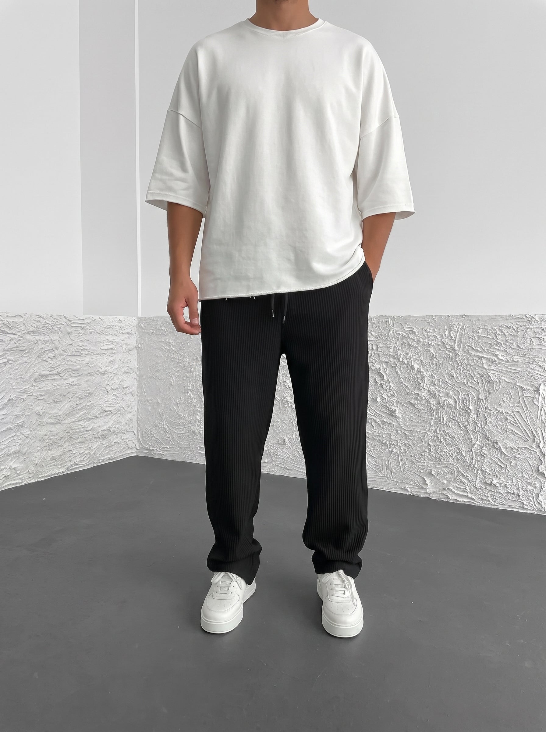 Men's Wide Leg Trousers with Elastic Drawstring Waist and Ribbed Texture