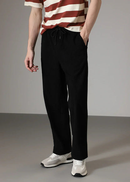 Men's Wide Leg Trousers with Elastic Drawstring Waist and Ribbed Texture