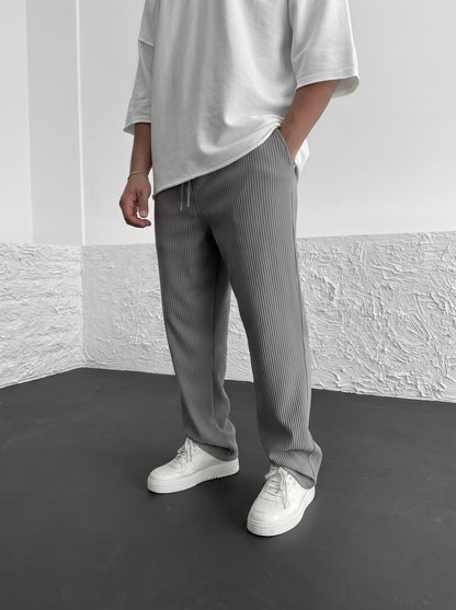 Men's Wide Leg Trousers with Elastic Drawstring Waist and Ribbed Texture