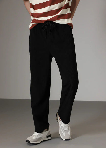 Men's Wide Leg Trousers with Elastic Drawstring Waist and Ribbed Texture