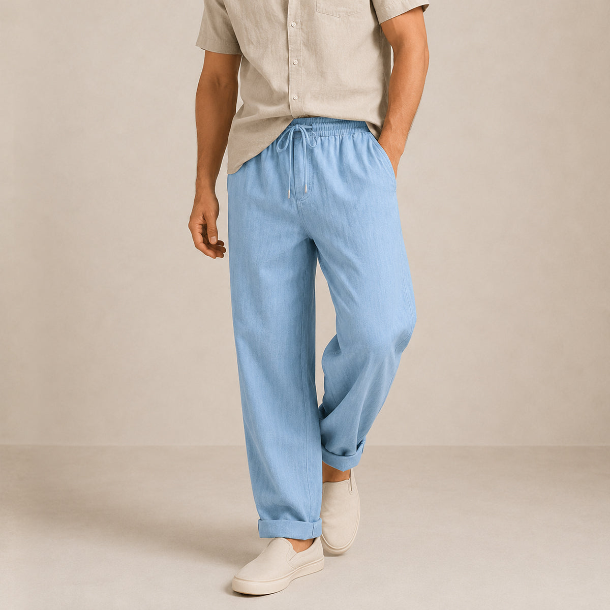 Men's Wide Leg Trousers with Elastic Waist and Drawstring