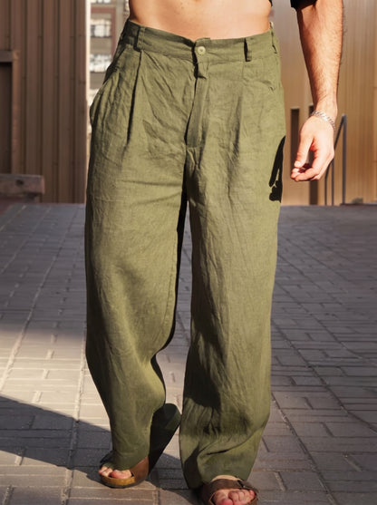 Men's Wide-Leg Trousers with Pleats and Button Closure