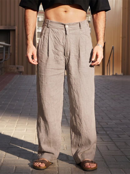 Men's Wide-Leg Trousers with Pleats and Button Closure