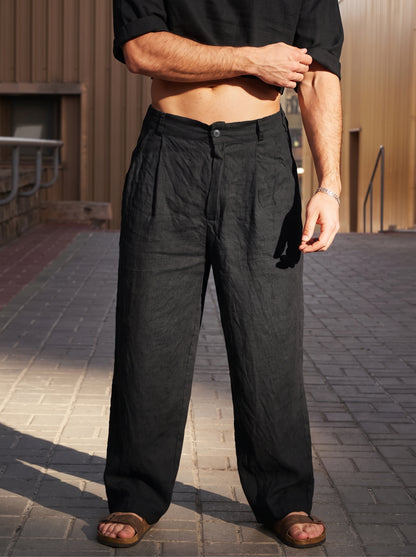 Men's Wide-Leg Trousers with Pleats and Button Closure
